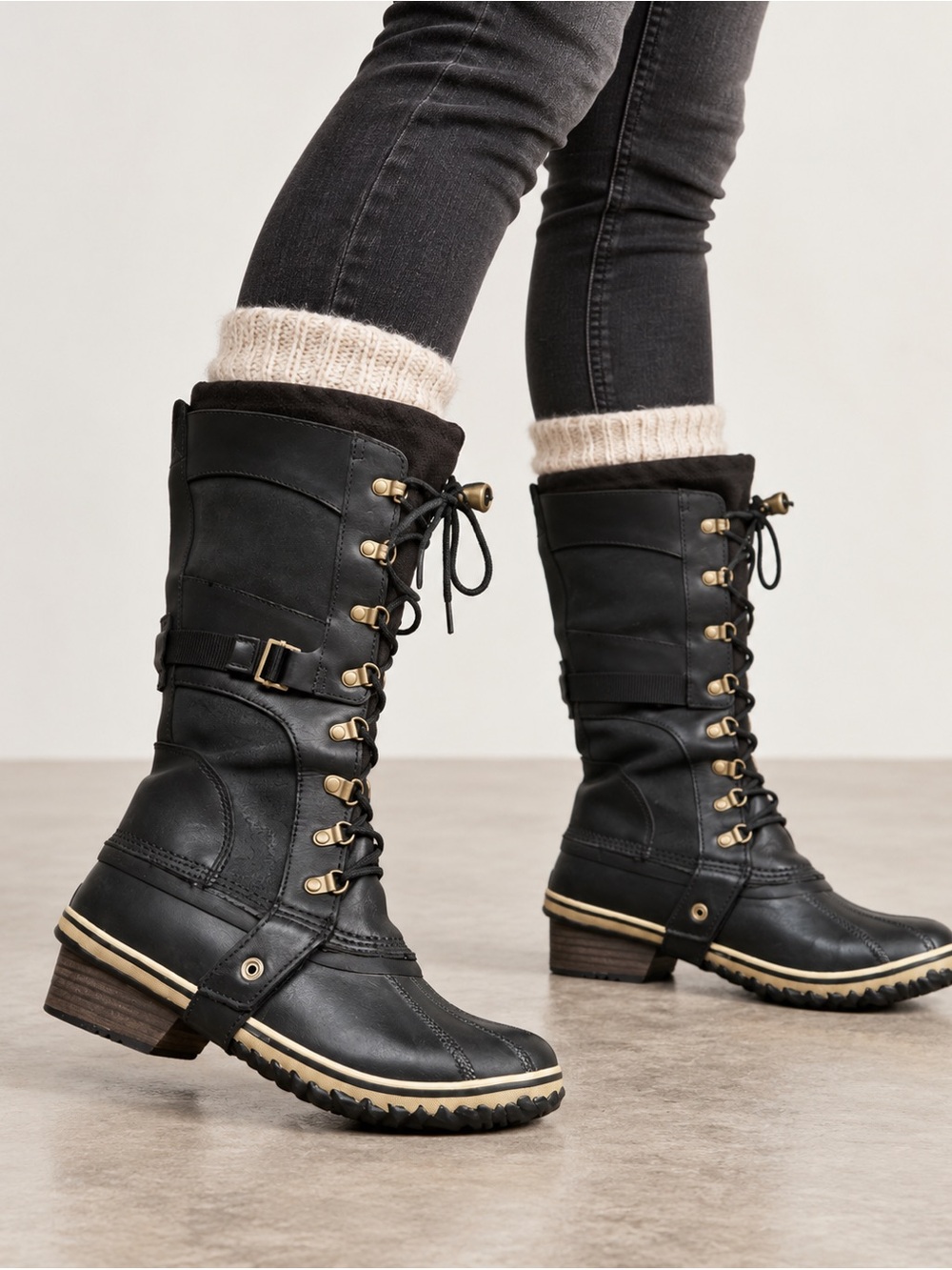 SOREL Conquest Carly Tall Black Leather lace up Waterproof Winter Snow Boots 9